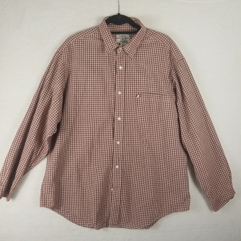 Polo Jeans Co Ralph Lauren Men's Plaid Button Down Shirt XL 100% Cotton Red‎